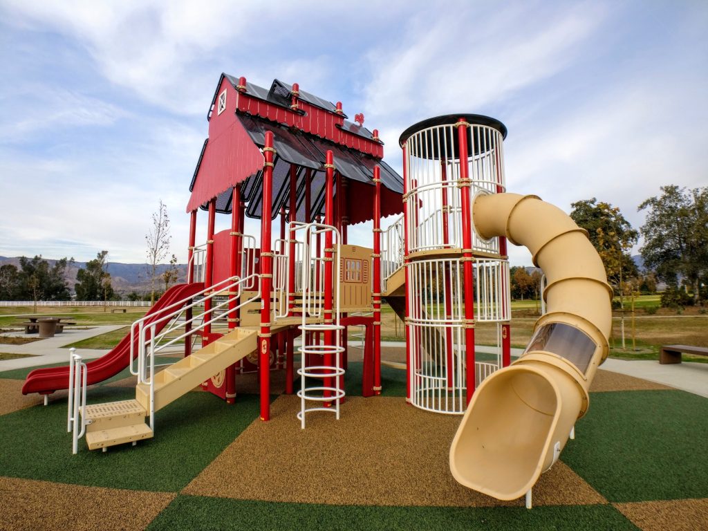 playground structure with the silo tube slide with skylights