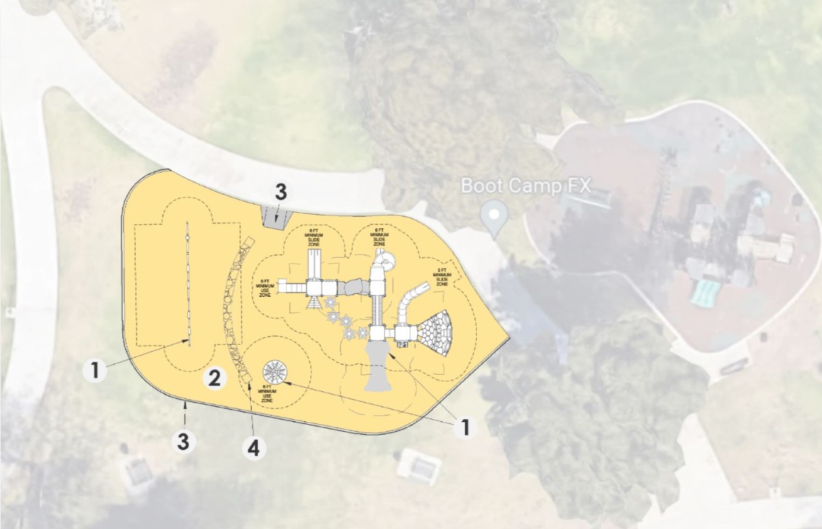 Site plans for Fullerton playground installation showing layout of play structures and safety surfacing